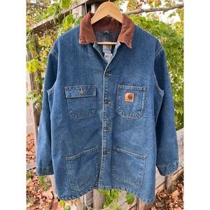 Vintage 90s Carhartt Denim Chore Wool Lined Jacket USA